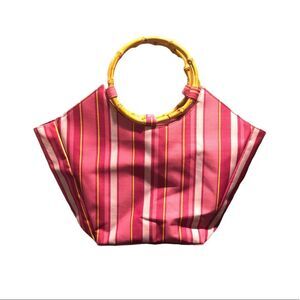 Lancôme Pink Fabric Small Tote with Bamboo Style Handles, Pink Bag